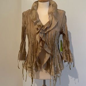 NWT Agora Womens Crinkle Pleated Button Up Blouse with Fringe